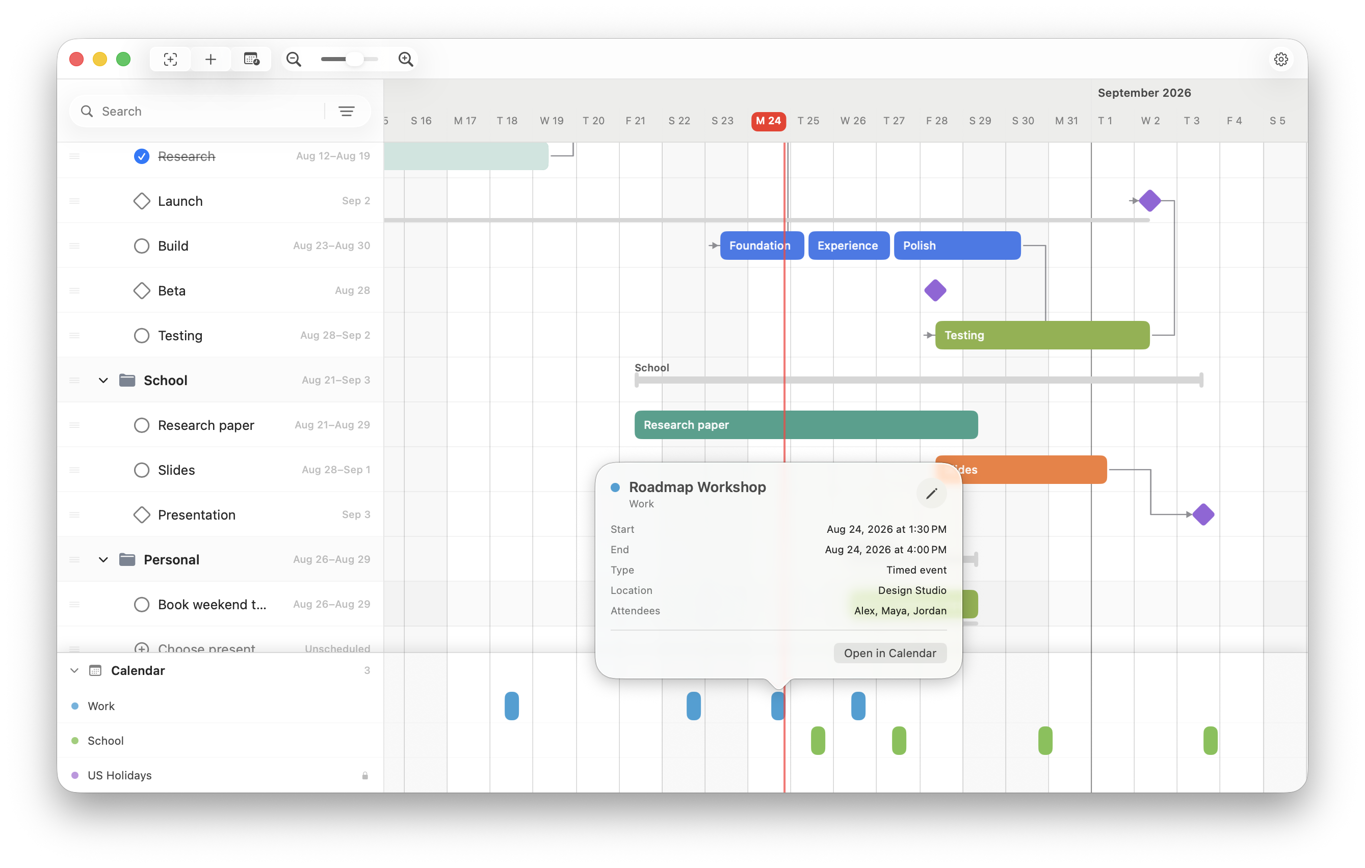 FluidGantt with Gantt tasks above and Apple Calendar events below, plus an event detail popover.