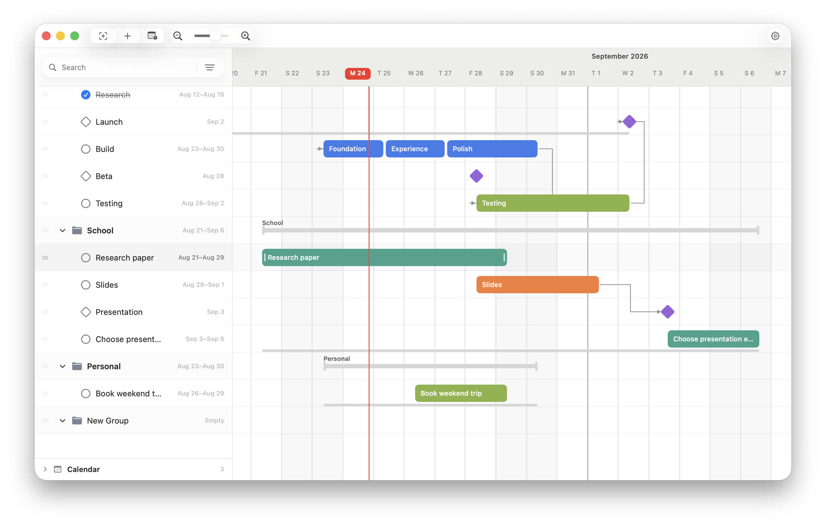 The full FluidGantt plan with Product Launch, School, and Personal groups.