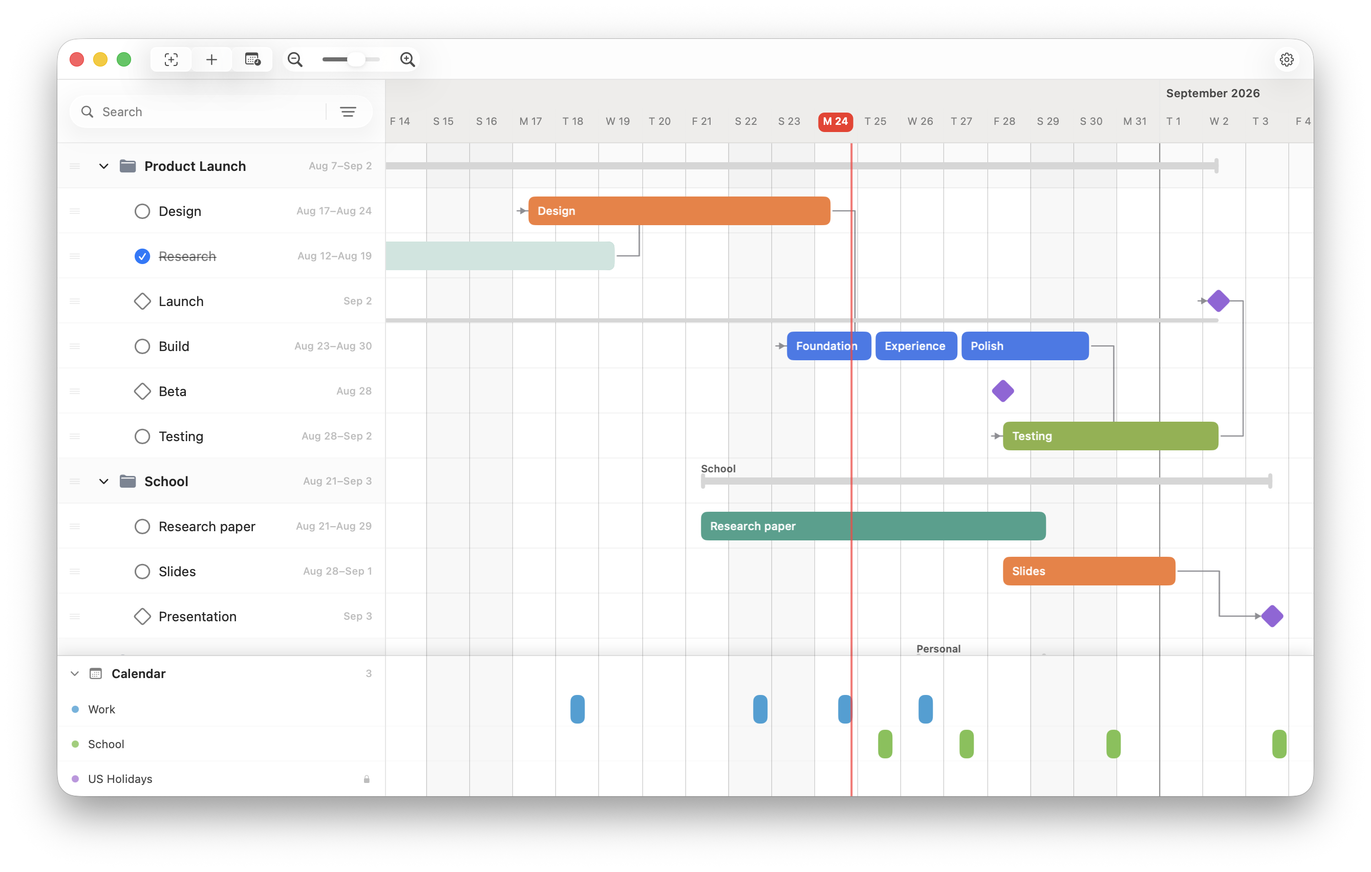 FluidGantt showing tasks, groups, milestones, dependencies, and Calendar events on a shared timeline.