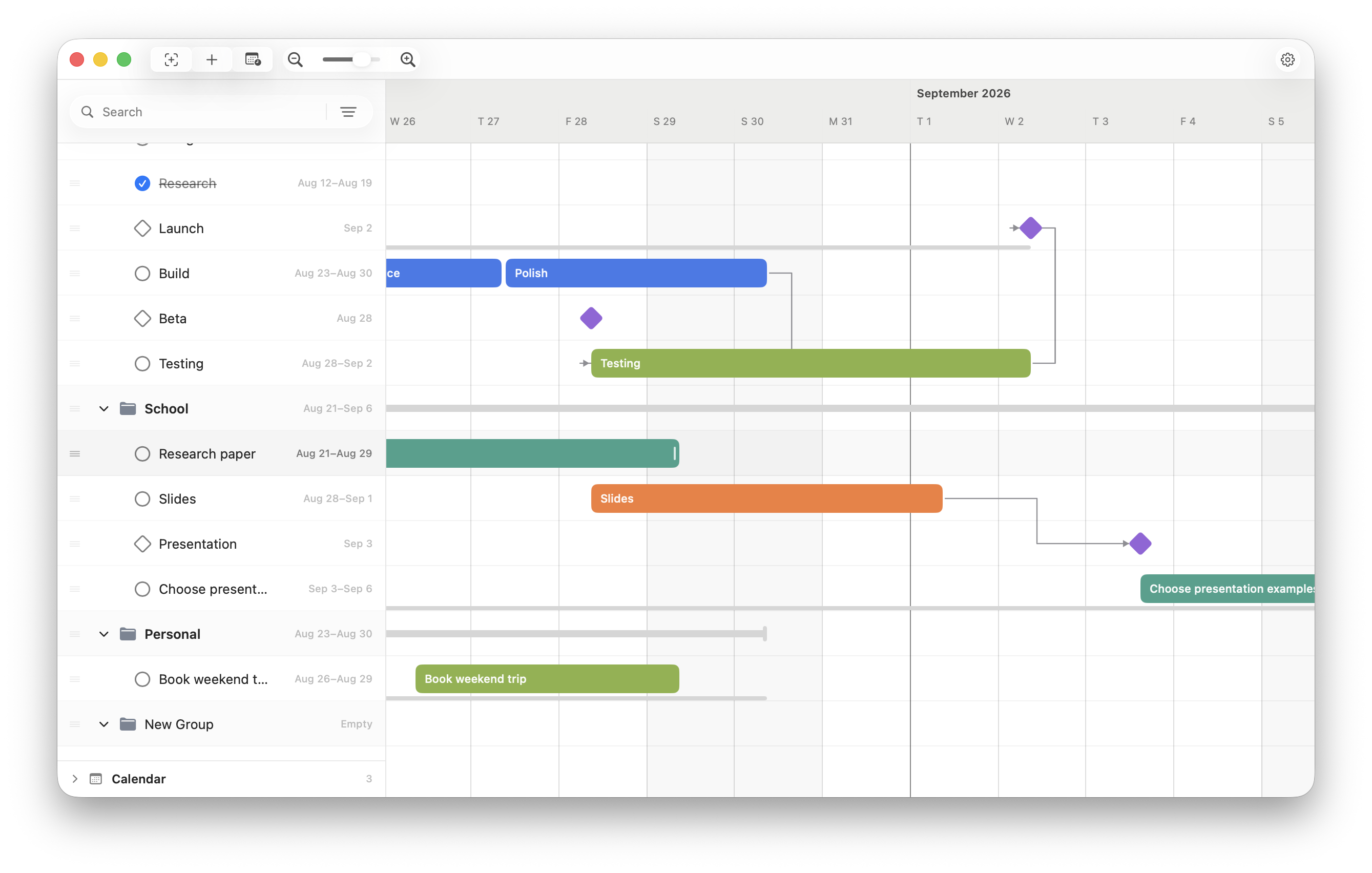 FluidGantt with groups, overlapping tasks, dependencies, milestones, and segmented work.
