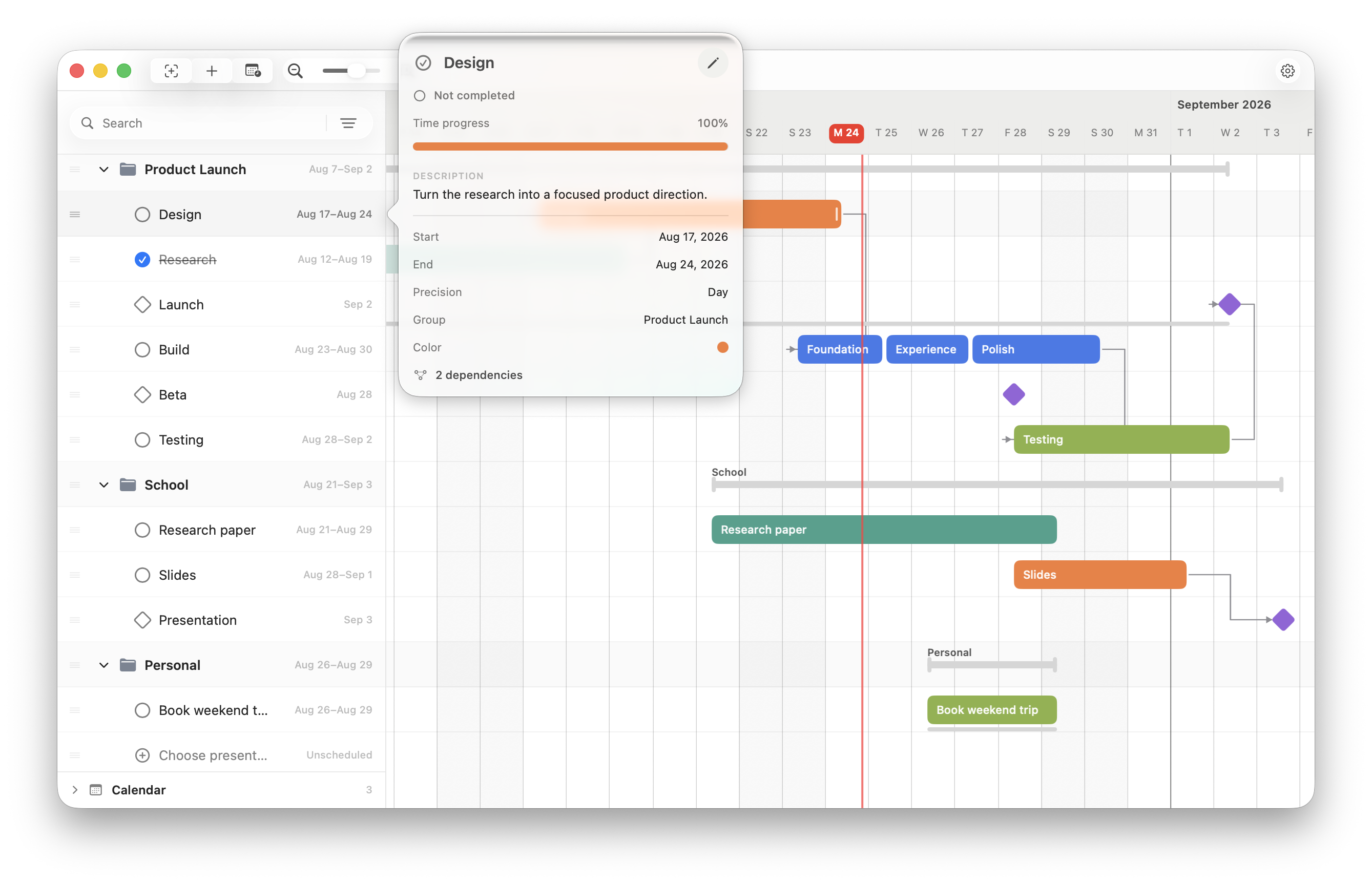 A FluidGantt task detail popover over the visible timeline.