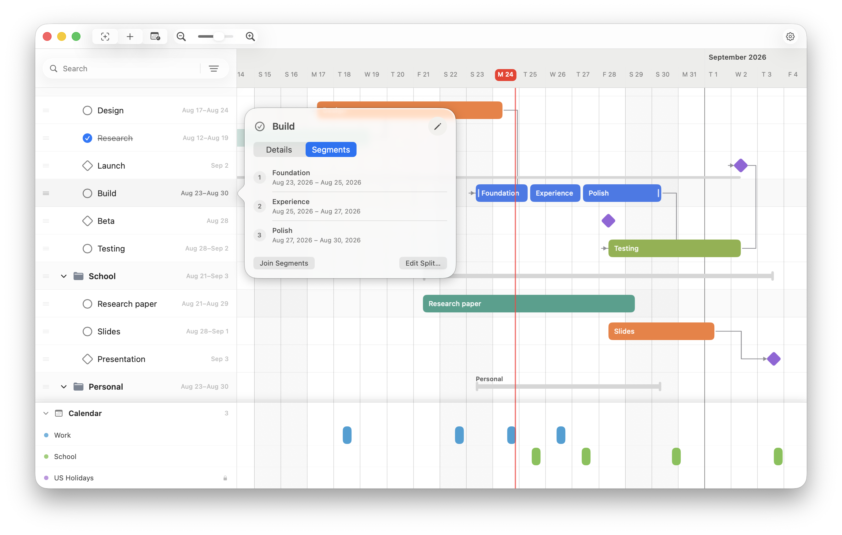 FluidGantt showing three named segments within the Build task.